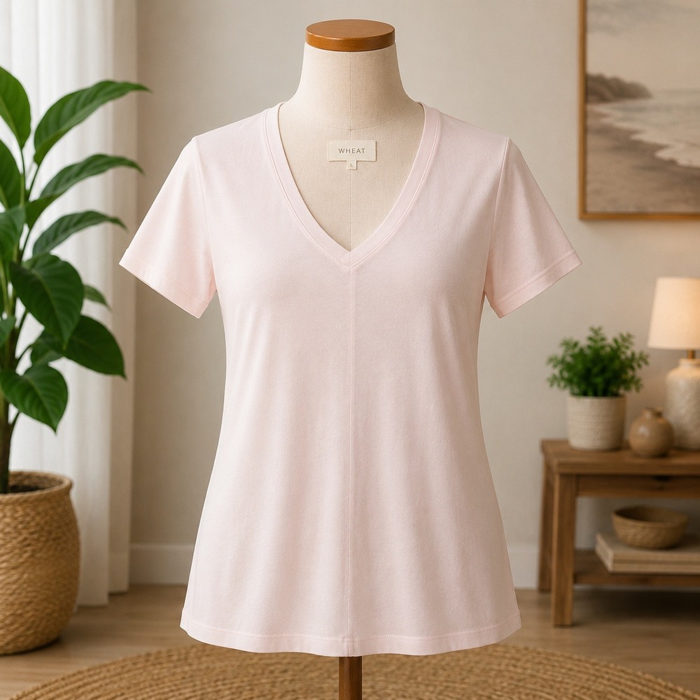 NWOT Wheat V-Neck T-Shirt Womens Large Pink‎ Short Sleeve Back Seam Detail
